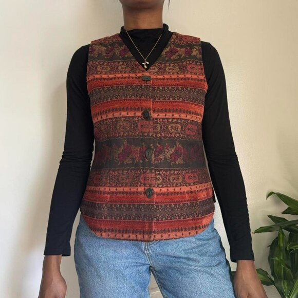 Vintage Indie V-neck button down Floral sleeveless waistcoat vest - Picture 2 of 4